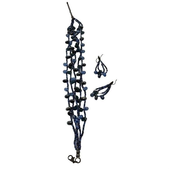 Beaded Necklace Earring Set Faux Lapis Nugget Blue Multi-strand Fashion Lot 0351 - Picture 12 of 13